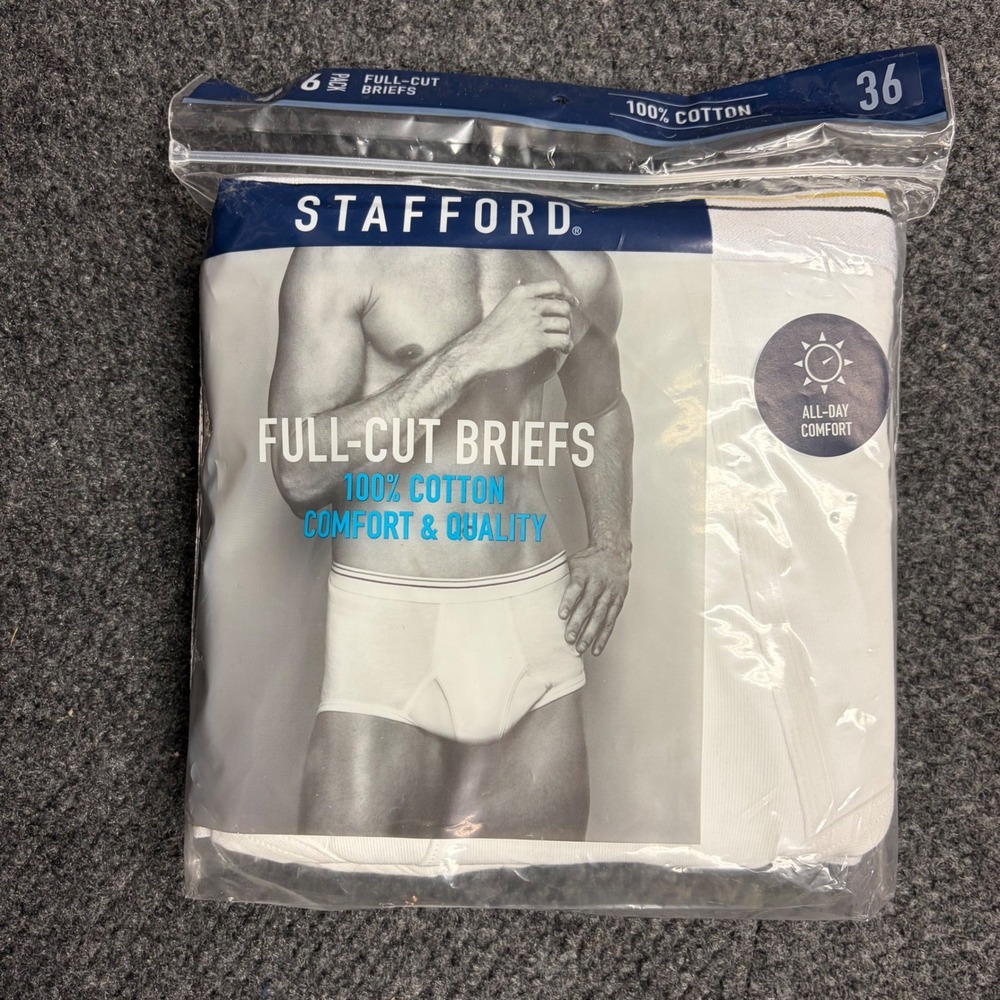 Stafford Mens 6 Pack Full-Cut Briefs 100% Cotton White Size 36 504-5669 0067